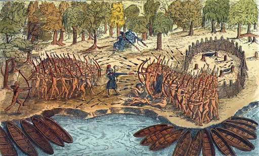 Algonquin-Iroquois Battle (1608) near New York/Vermont border. Engraving based on drawing by French explorer Samuel de Champlain - Public Domain Image