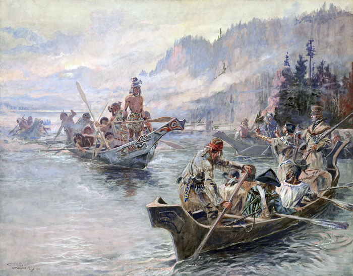 Painting by Charles Marion Russell showing The Corps of Discovery meeting the Chinook on the Columbia River