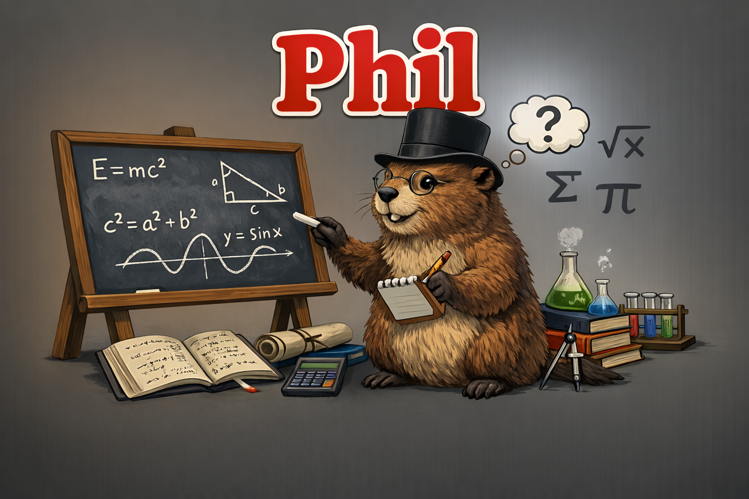 Phil the groundhog teacher with a math chalkboard