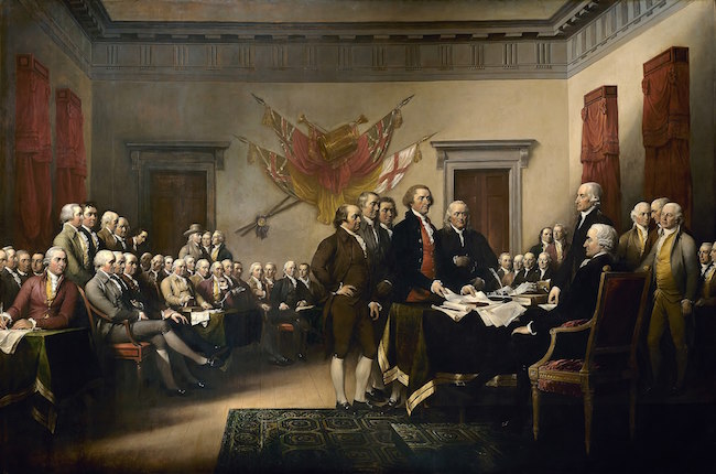 Declaration of Independence by John Trumbull. John Adams is at center with hands on hips.