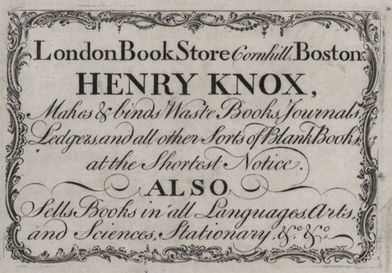 Advertisement for Henry Knox's Bookstore