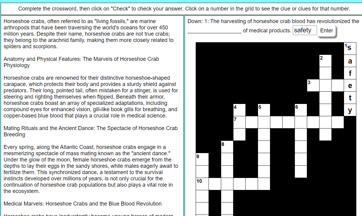 Horseshoe Crab Passage and Crossword Puzzle - Online