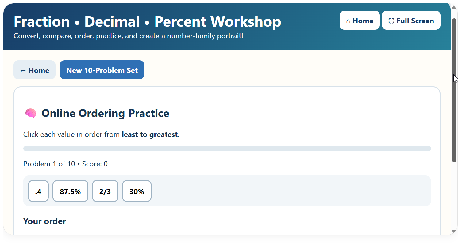Ordering and Converting Decimals, Fractions, and Percentages Workshop